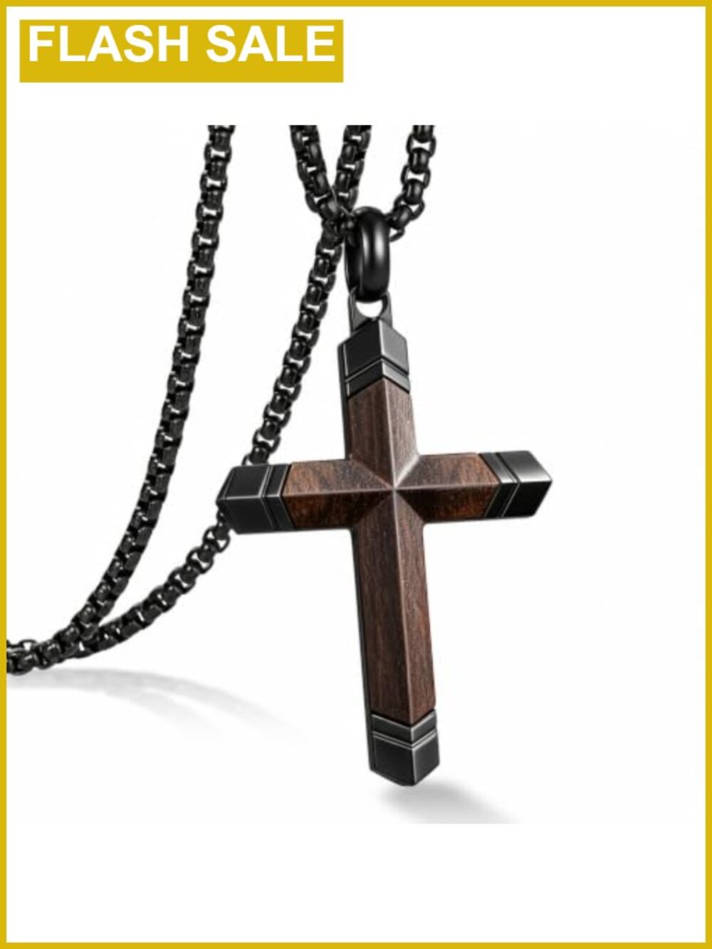 Men's Wooden Cross Necklace Stainless Steel Adjustable Chain 24-26in Christian